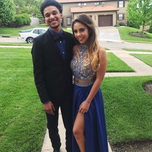 Blue two piece set prom dress